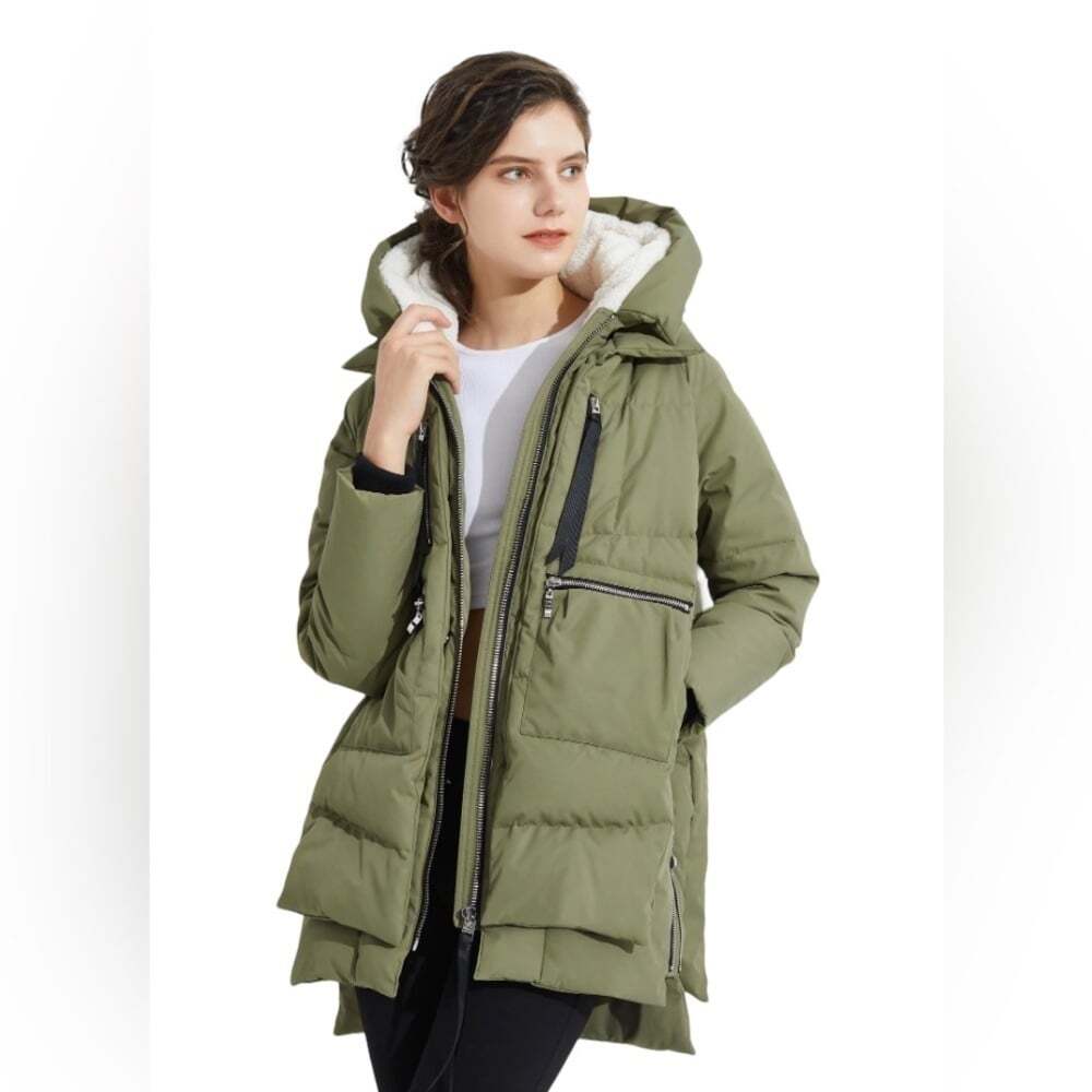 OROLAY Down Puffer Jacket Women’s Medium Sage Oversized Zip Front Thickened